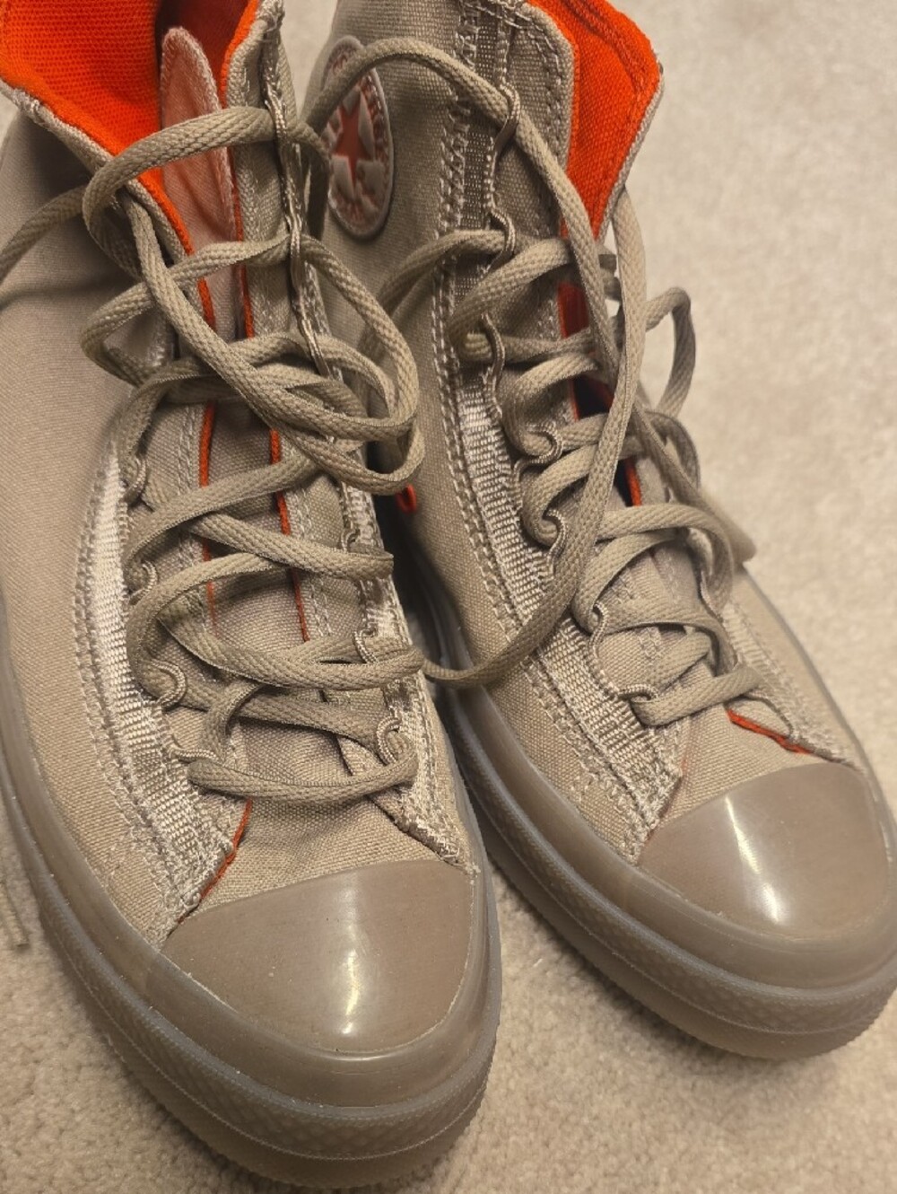 Unisex Neutral Tan/Taupe High-Top Converse Sneakers with Orange Lining - Picture 3 of 12